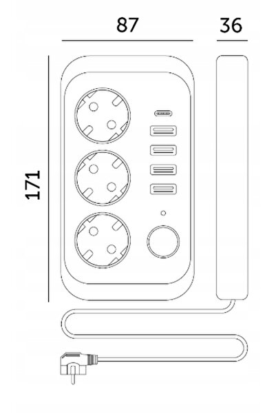 NO BRAND Prelungitor 3 Prize + 4x USB-A + 1x USB-C 5m + Întrerupător + Cablu 5m