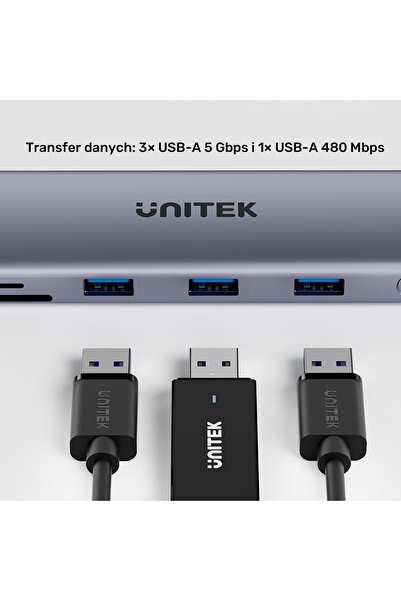 Unitek Adaptor hub USB-C 11-în-1 cu suport pentru monitoare 4K@30Hz, RJ45, PD...