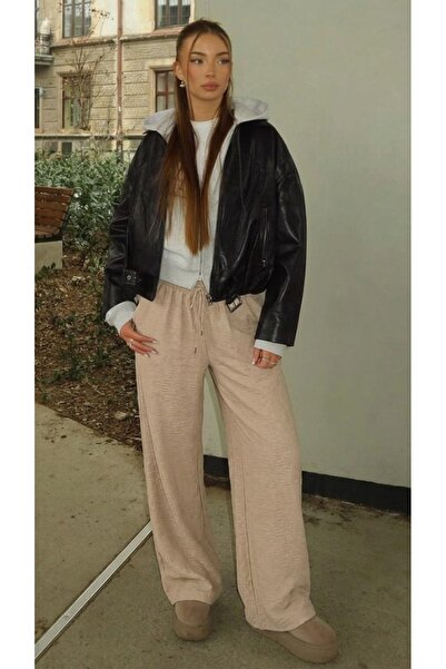 DAMGA JEANS Pantaloni de damă casual, texturati, din in crem, stil Palazzo