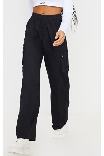 NO BRAND Pantaloni lungi negri, croială dreaptă, cargo, cu talie elastică, Pr...