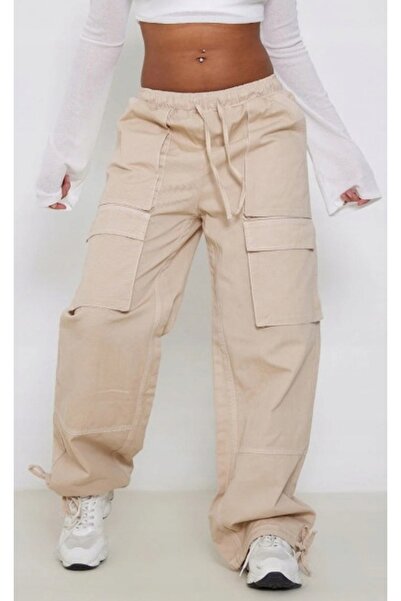 NO BRAND Pantaloni cargo bej cu șnur în talie și picior larg Prettylittlethin...