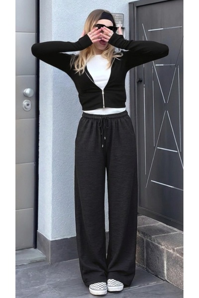 DAMGA JEANS Γυναικείο λινό παντελόνι Palazzo με υφή, φαρδιά μπατζάκια, σε μαύ...