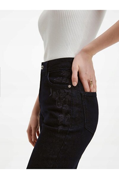 NO BRAND Pantaloni blugi din bumbac, albastru marin, cu picior lung, broderie...