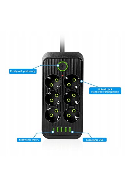 NO BRAND Prelungitor universal cu 6 prize, 4 porturi USB și 1 port Type-C