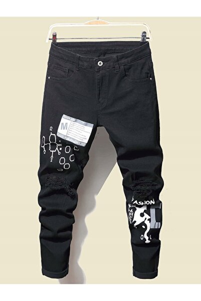 NO BRAND Pantaloni din denim negru skinny fit cu imprimeu grafic clasic Shein 31