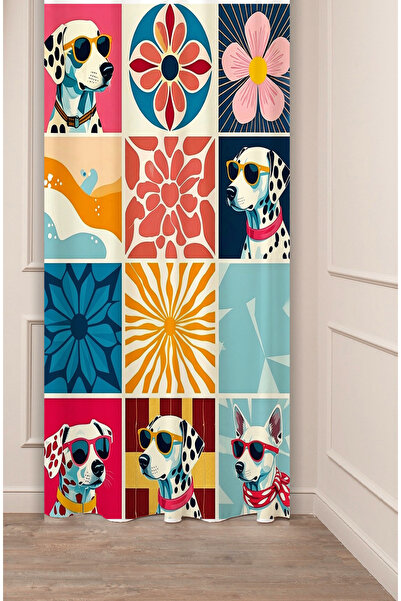 GREENDECOR Pop Art Köpek ve Çiçek Motifli Canlı Renkli Dekoratif Fon Perde Öz...