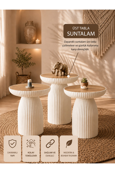 Concept Ayz Home Viona Minimal 3'lü Bohem Sehpa Seti – Suntalam Üst Tabla & P...