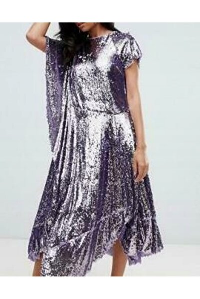 NO BRAND Rochie midi mov vaporoasă, lejeră, cu paiete lila, ediția 42