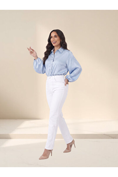 FNM Satin Balloon-Sleeve Embellished Button-Down Shirt