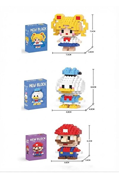 New Block 3'lü Set Sailor Moon, Donald Duck ve Super Mario Mini Blok Figür Oy...