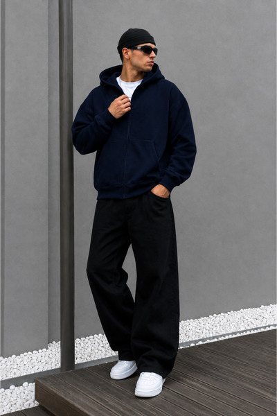 BARLİZ Erkek Oversize Cepli Fermuarlı Kapüşonlu Sweatshirt Hırka