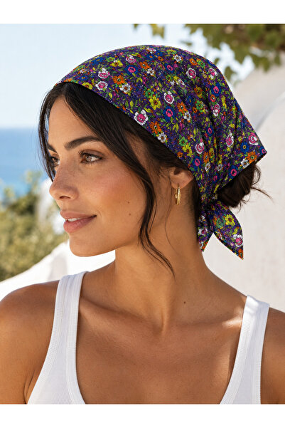 Çiçek Desenli Mor Pamuklu Bandana Fular 55 x 55 cm