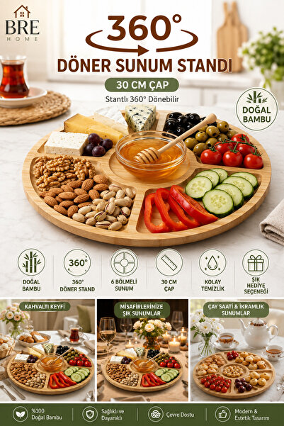 BRE HOME 30 cm Döner Bambu Kahvaltılık Sunum Tabağı 360° Döner Standlı 6 Bölm...