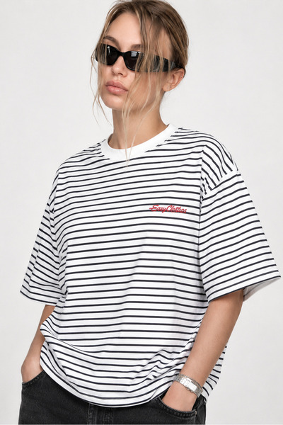 Eazy Co Eazy Unisex Oversize Striped Letter Printed Cotton T-Shirt