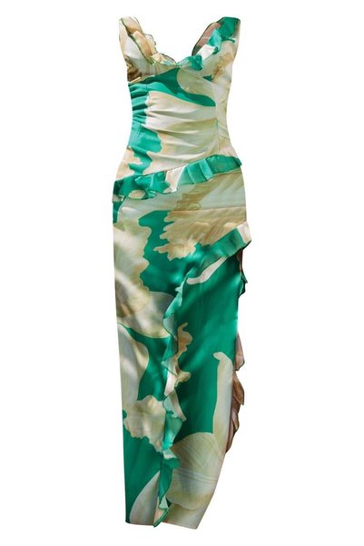 NO BRAND Prettylittlething Rochie Maxi Verde Asimetrică cu Volane 36