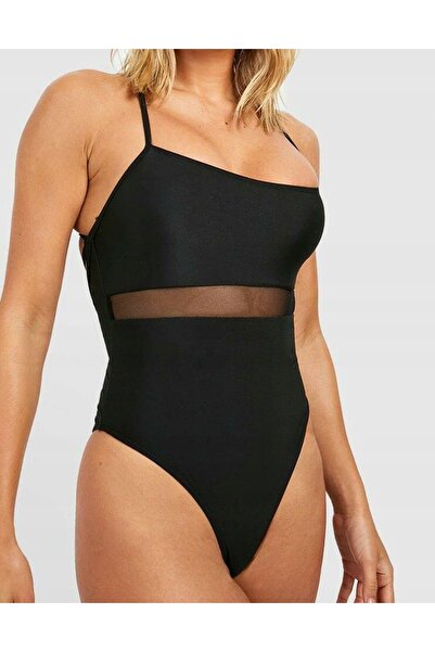 NO BRAND Costum de baie întreg negru cu talie legată, din plasă netedă, booho...