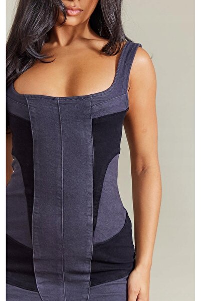 NO BRAND Rochie mini din denim negru-gri cu bretele late Prettylittlething 38