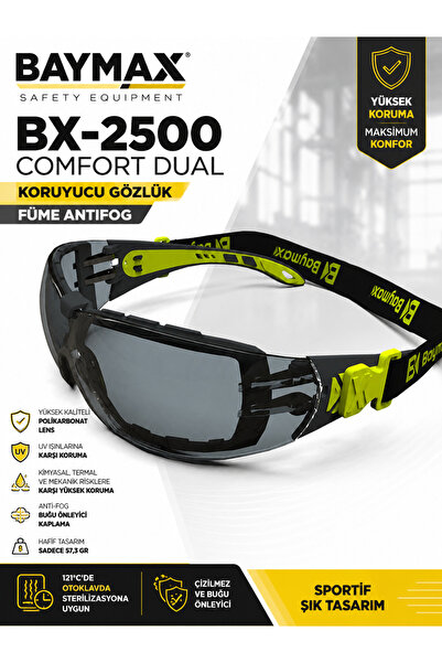 Baymax BX-2500 Comfort Dual Koruyucu Gözlük Füme Anti-Fog Çizilmez Ayarlanabi...