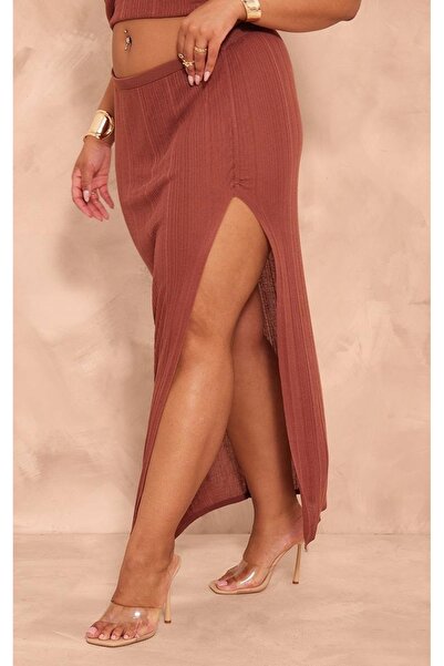 NO BRAND Fustă maxi tricotată maro cu șliț, talie joasă, prettylittlething xl