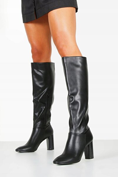 NO BRAND Cizme negre cu toc peste genunchi, cu aspect de piele, Boohoo 41