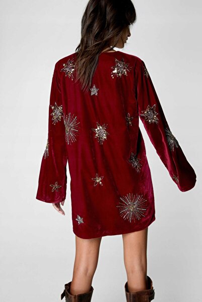 NO BRAND Rochie mini bordo, cu mâneci lungi, din catifea, cu mărgele, Zodiac ...