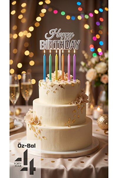 Öz-bal Renkli Metalik Uzun Doğum Günü Mumu Ve Gümüş Happy Birthday Pasta Süsü...