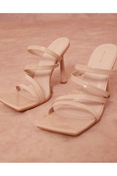 NO BRAND Pantofi din piele lăcuită bej, tip mule, cu toc stiletto și baretă, ...