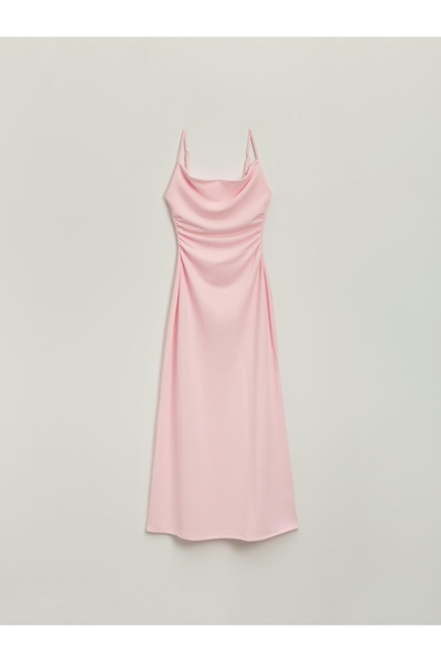 NO BRAND Rochie maxi clasică simplă roz cu volan la umăr, mărimea XL.