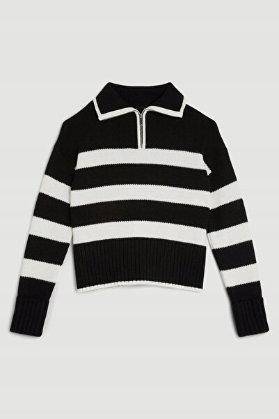 NO BRAND Pulover negru cu guler, clasic, cu dungi, Karen Millen m