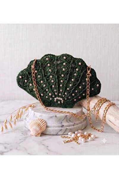 Verda Desing Hand Knitted Pearl Mussel Straw Bag - Green Oyster Model Women's...