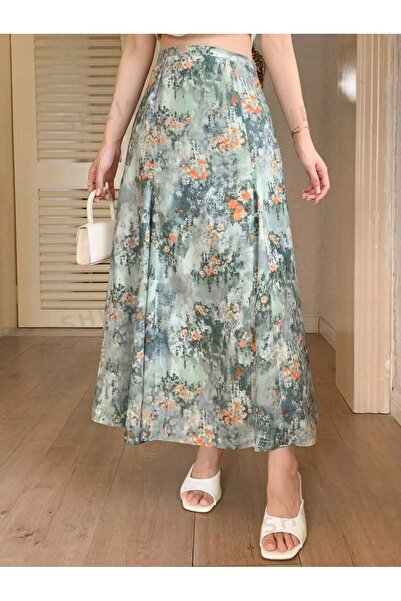 NO BRAND Fustă Maxi Verde cu Defecte, Model Floral cu Defecte, cu Talie Înalt...