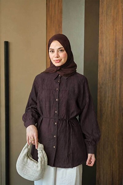 LOCCO Women's Front Hem Detail Waist Tie Shirt Dark Brown