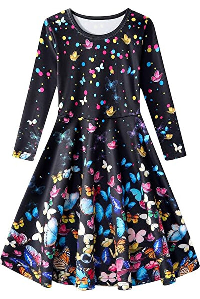 OEM Black casual medium dress, long sleeves, butterfly pattern for girls 8-9 ...