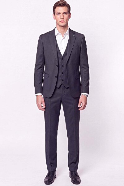 Efor Slim Fit Double Slit 97% Wool Textured Patterned Stretchy Anthracite Ves...