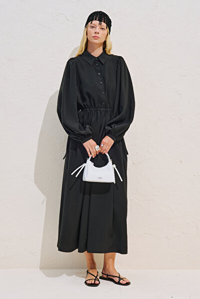 Manuka Draped Waist Adjustable Balloon Sleeve Dress Black