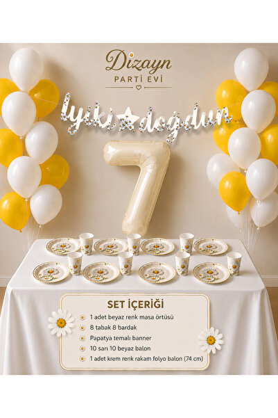 Dizayn Parti Evi Papatya Temalı Doğum Günü Süsleme Seti 1-9 Yaş Krem Rakam Fo...