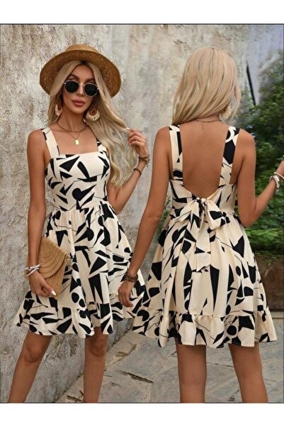 Şeker Portakalım Women's Strappy Square Neck Patterned Short Dress