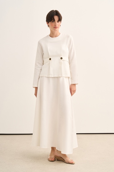 EBU Prive Women's Organic Cotton Button Detailed Blouse Skirt Set Ecru