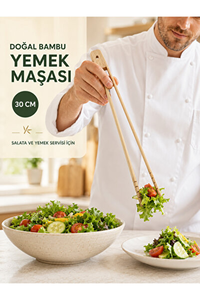 EcoVibe Doğal Bambu Yemek Servis Maşası 30 cm Salata Makarna ve Sofra Sunum M...