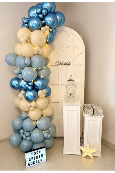 Çemrek Süs Parti Storm Blue Retro White Chrome Blue Balloon Chain Set of 100