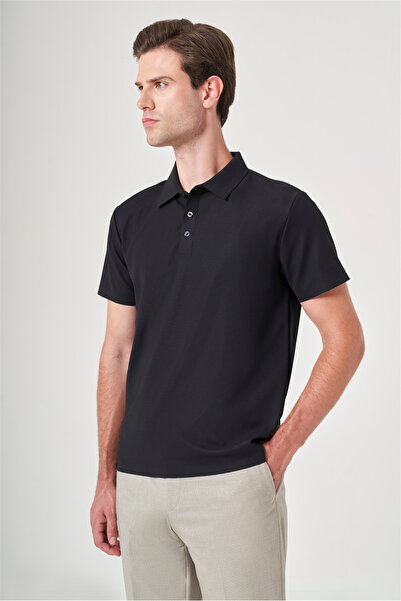 İmza Black Polo Collar Short Sleeve Relaxed Fit Flexible Non-Fraying Collar T...