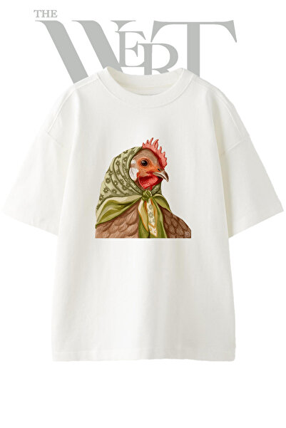 THEWERT تي شيرت أبيض كبير الحجم مطبوع بتصميم Babushka Hen للجنسين