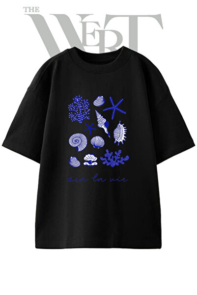 THEWERT Sea Creatures Design Printed Unisex Black Oversize T-Shirt