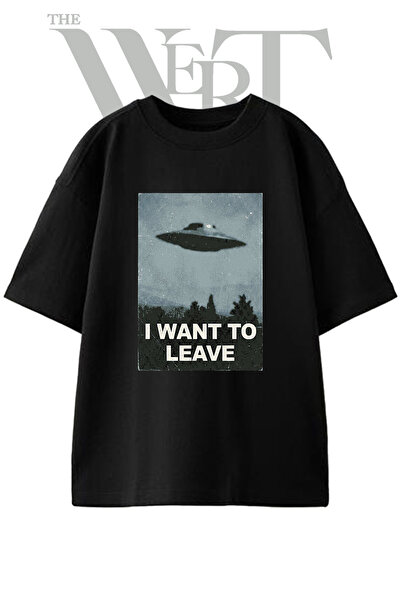 THEWERT Ufo I Want to Leave Design Printed Unisex Black Oversize T-Shirt