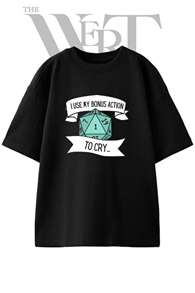 THEWERT Tricou oversize negru unisex cu imprimeu D20 Bonus Action Design