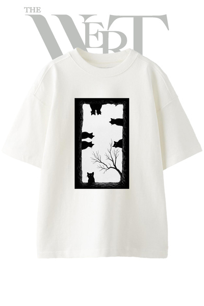 THEWERT Black Cats Design Printed Unisex White Oversize T-Shirt