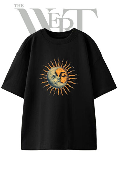 THEWERT Sun Moon Design Printed Unisex Black Oversize T-Shirt