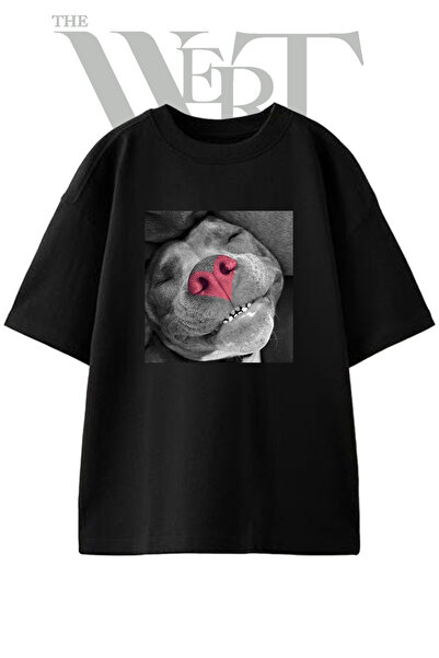 THEWERT Μπλουζάκι Unisex Μαύρο Oversize με σχέδιο Σκύλος Καρδιά Μύτη, με στάμπα