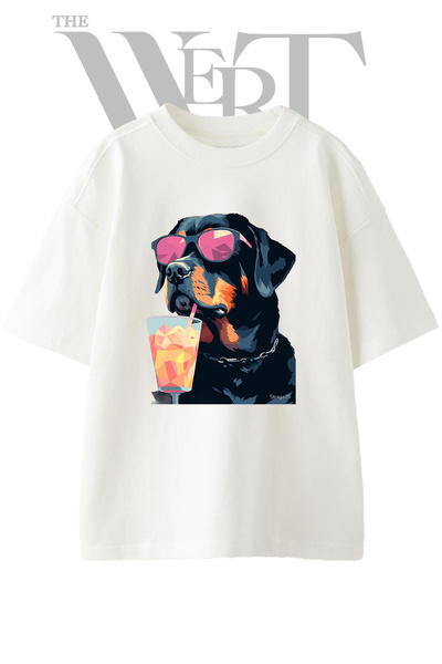 THEWERT Tricou oversize alb unisex cu imprimeu Rottweiler cu ochelari de soare