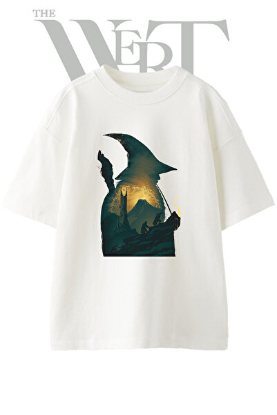 THEWERT Lord Rings Design Printed Unisex White Oversize T-Shirt